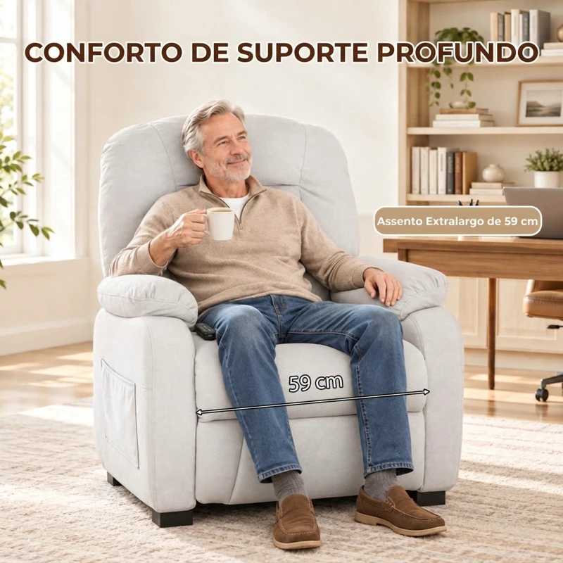 HOMCOM Cadeirão Relax Reclinável Elétrico Silencioso com Função Memória Apoio para os Pés Comando à Distância e Bolsos Laterais Creme