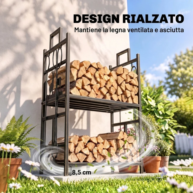Outsunny Portalegna in Ferro Battuto con Attrezzi per Camino, Manici e Base Rialzata, 51.5x33x77cm, Nero