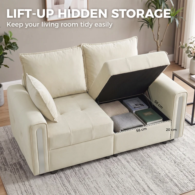 HOMCOM 2 Seater Sofa with Lift-Up Storage, 168 cm Comfy Velvet Small Couch with Wide Deep Seat, Plush Backrest, Thick Padding, 2 Pillows, Loveseat for Living Room, Home Office, Beige