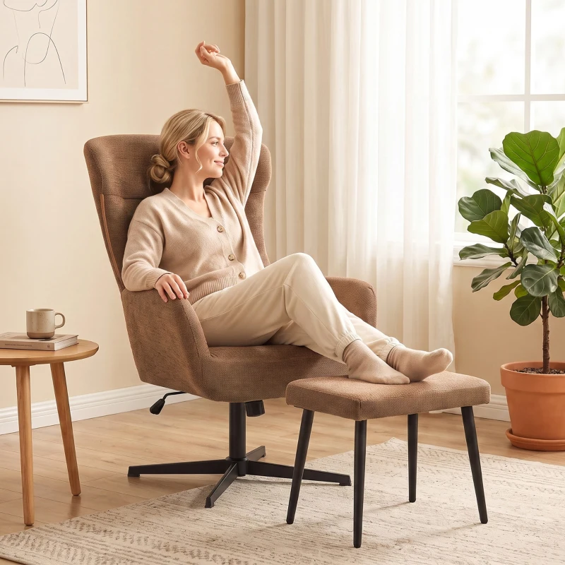 HOMCOM Sillón Relax de Lino con Reposapiés Butaca de Salón Giratorio 360° Basculante Respaldo Alto Marrón
