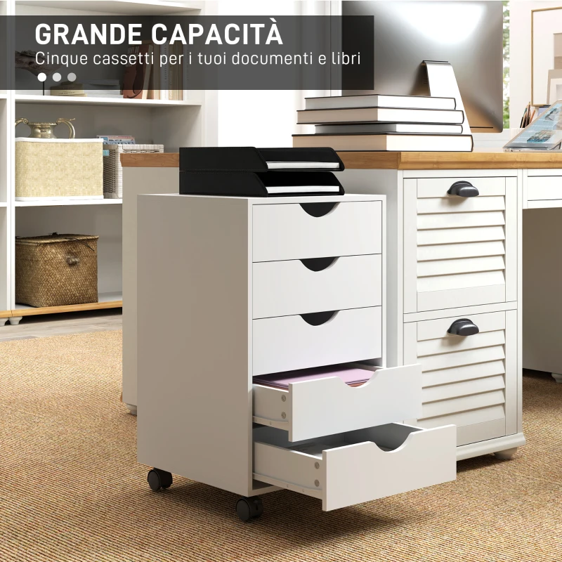 HOMCOM Cassettiera da Ufficio a 5 Cassetti con Ruote Girevoli con Freni, 40x40x68.5 cm, Bianco