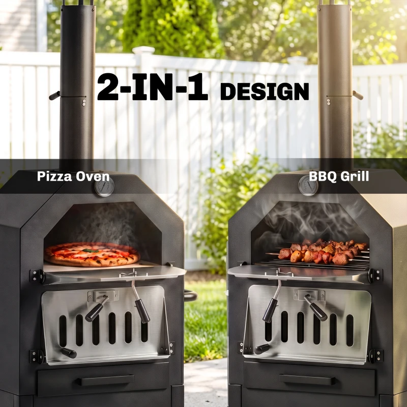 Outsunny Outdoor Garden Pizza Oven Charcoal BBQ Grill 3-Tier Freestanding w/ Chimney, Mesh Shelf, Thermometer Handles, Wheels Garden Party Gathering Steel Cooker