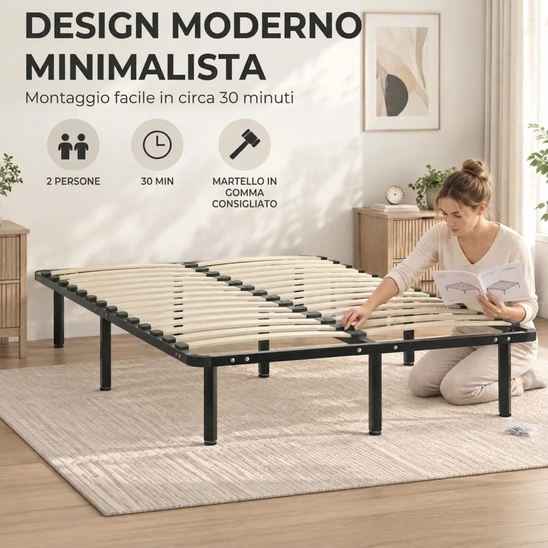 HOMCOM Struttura Letto Matrimoniale con 28 Doghe in Legno e Acciaio, 120x190x31 cm, Nero e Legno