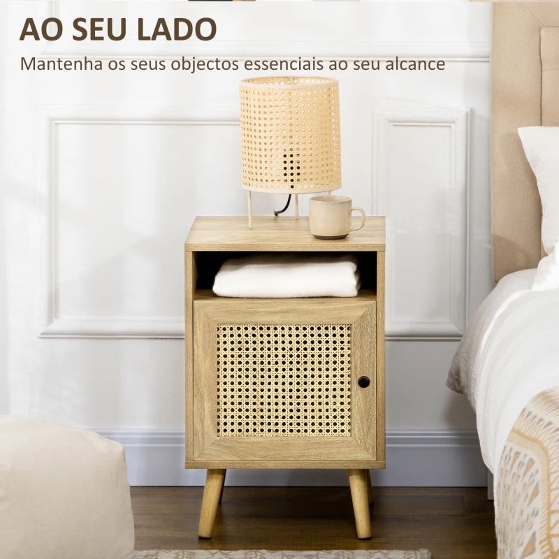 HOMCOM Conjunto de 2 Mesas de Cabeceira com Portas de Vime e Prateleira Aberta Mesa Auxiliar 39x35x60 cm Madeira