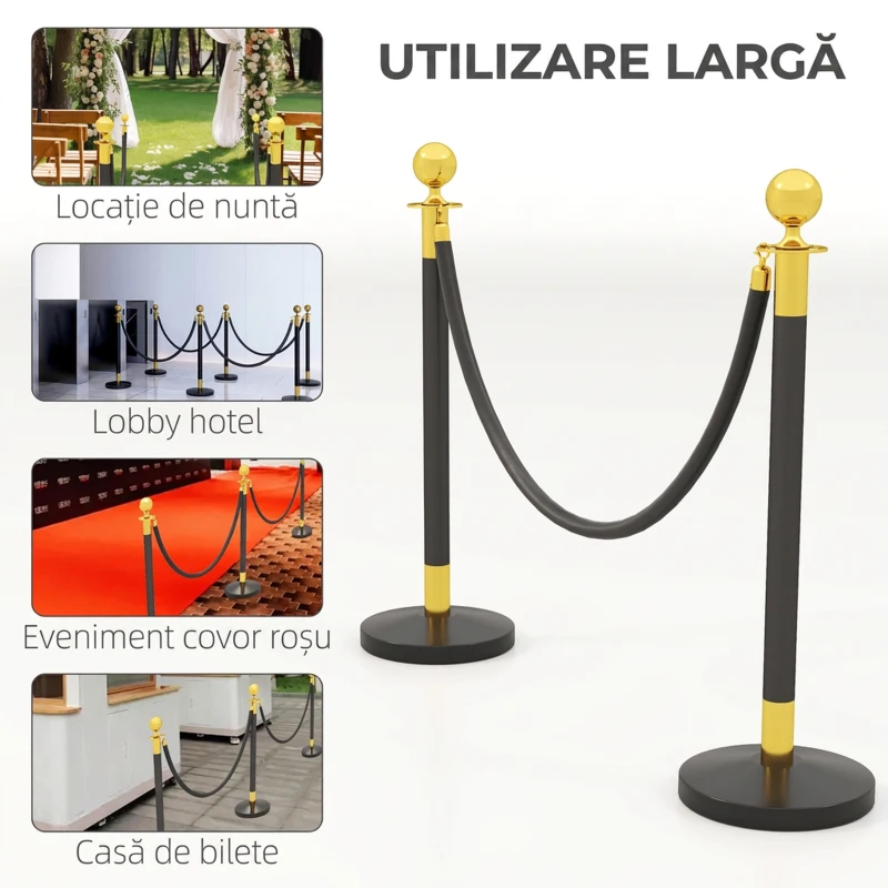 HOMCOM Stâlpi de delimitare din oțel inoxidabil cu frânghie catifelată neagră de 1,5 m și bază umplibilă, Ø32x96 cm