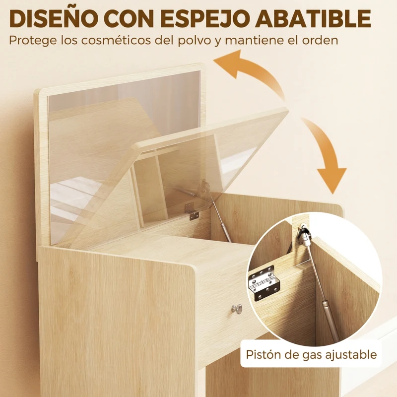HOMCOM Tocador con Espejo Abatible y Taburete Mesa de Maquillaje con Cajón y 6 Compartimentos 81x40x117 cm Roble