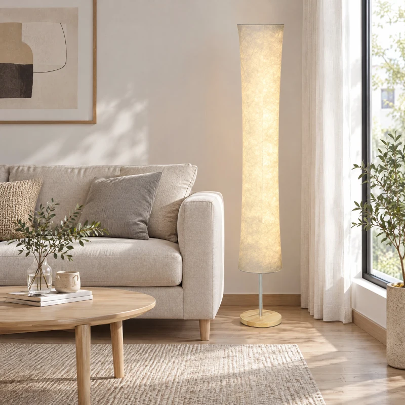 HOMCOM LED Floor Lamp, 152 cm Modern Dimmable Standing Lamp with Paper Shade, Pine Wood Base, White