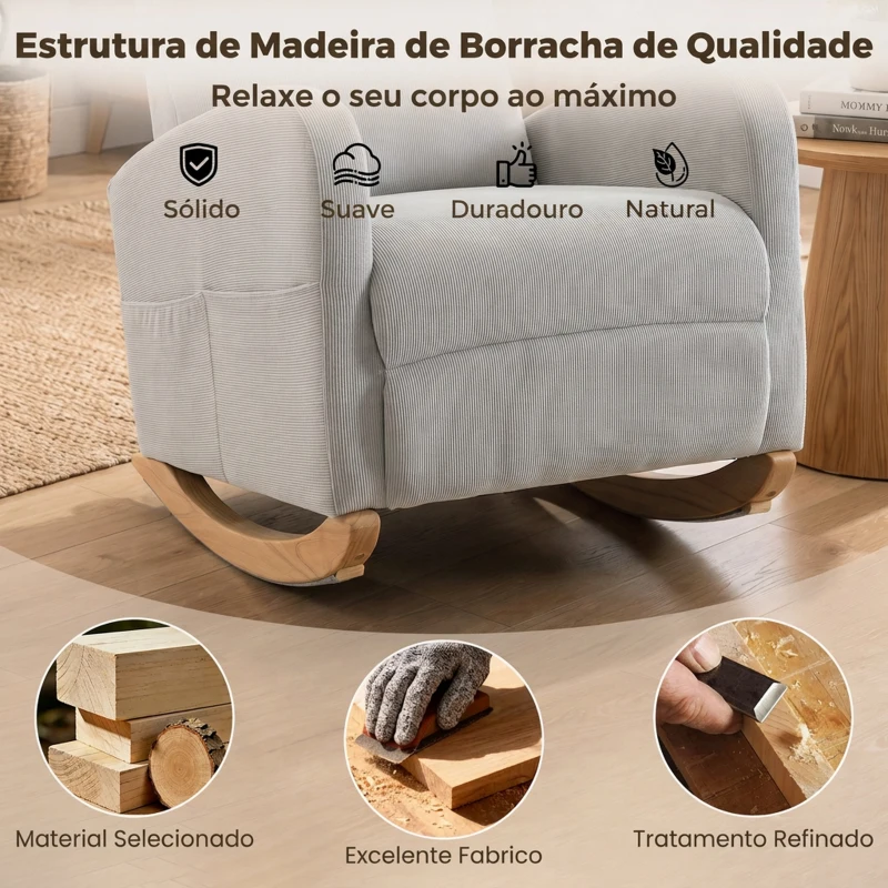 HOMCOM Cadeira de Baloiço em Bombazina com Encosto Alto, Pés de Madeira, Bolsos, Apoios de Braços e Estilo Moderno, Cinzento-Claro
