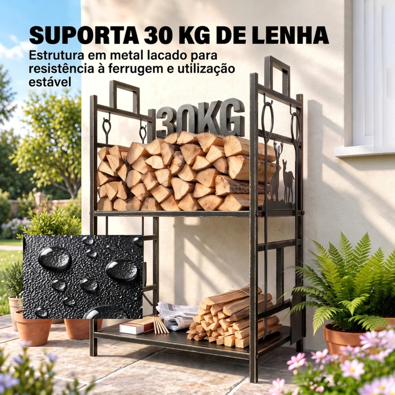 Outsunny Suporte para Lenha de Ferro Forjado de 2 Níveis com 4 Ferramentas para Interior e Exterior 51,5x33x77 cm Preto e Dourado