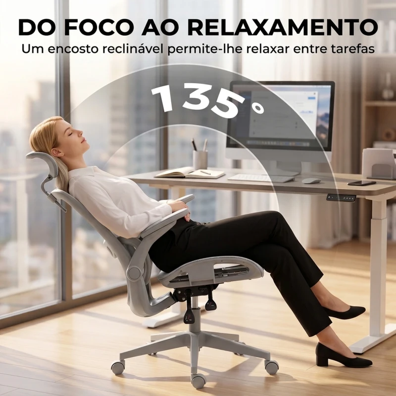 HOMCOM Cadeira de Escritório Ergonómica com Apoio Lombar Dinâmico, Reclinação 135°, Encosto de Cabeça e Apoios de Braços Ajustáveis, Cinzento