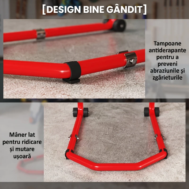 HOMCOM Set stand față și spate pentru motocicletă, cu furci reglabile U+L, roți, cleme de fixare, 390 kg
