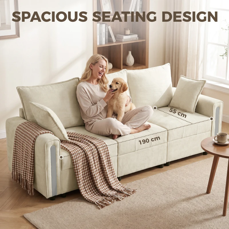 HOMCOM 3 Seater Sofa with Lift-Up Storage, 228cm Comfy Velvet Couch with Wide Deep Seat, Beige