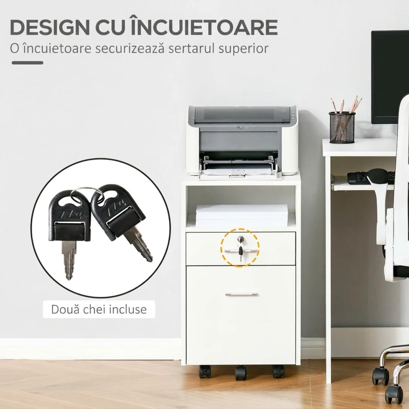 Vinsetto Dulap cu Sertare Blocabile, 2 Chei Incluse, cu 5 roti cu rotatie la 360°, cu 2 Chei, Alb