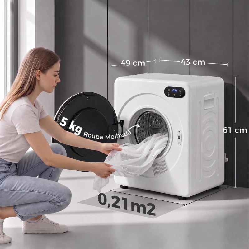 HOMCOM Máquina de Secar Roupa de Evacuação 3 kg 1000 W com Ecrã Tátil, Controlo de Tempo e Temperatura, Função Anti-rugas, Branco