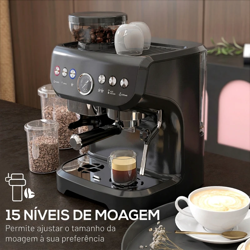 HOMCOM Máquina de Café Expresso 15 Bares 1600 W com Moinho de 15 Níveis e Vaporizador de Leite para Cappuccino e Latte Preta