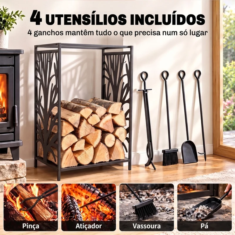 HOMCOM Suporte para Lenhas Suporte de Armazenamento para Lenhas 46x30x70 cm com 4 Ferramentas para Interior e Exterior Preto