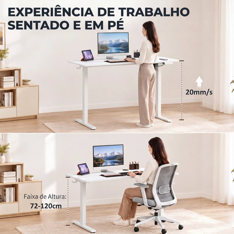 HOMCOM Secretária Elevatória Elétrica 120x60 cm, Altura Ajustável 72-120 cm, 3 Memórias, Silenciosa, 2 Ganchos e 2 Passa-cabos, Branca
