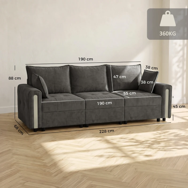 HOMCOM 3 Seater Sofa with Lift-Up Storage, 228cm Comfy Velvet Couch with Wide Deep Seat, Dark Grey