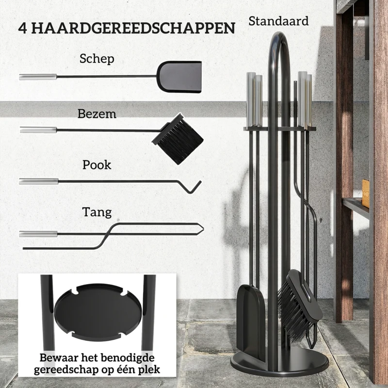Outsunny Haardgereedschap 5-delig – bezem, schep, haak, tang & standaard, zwart