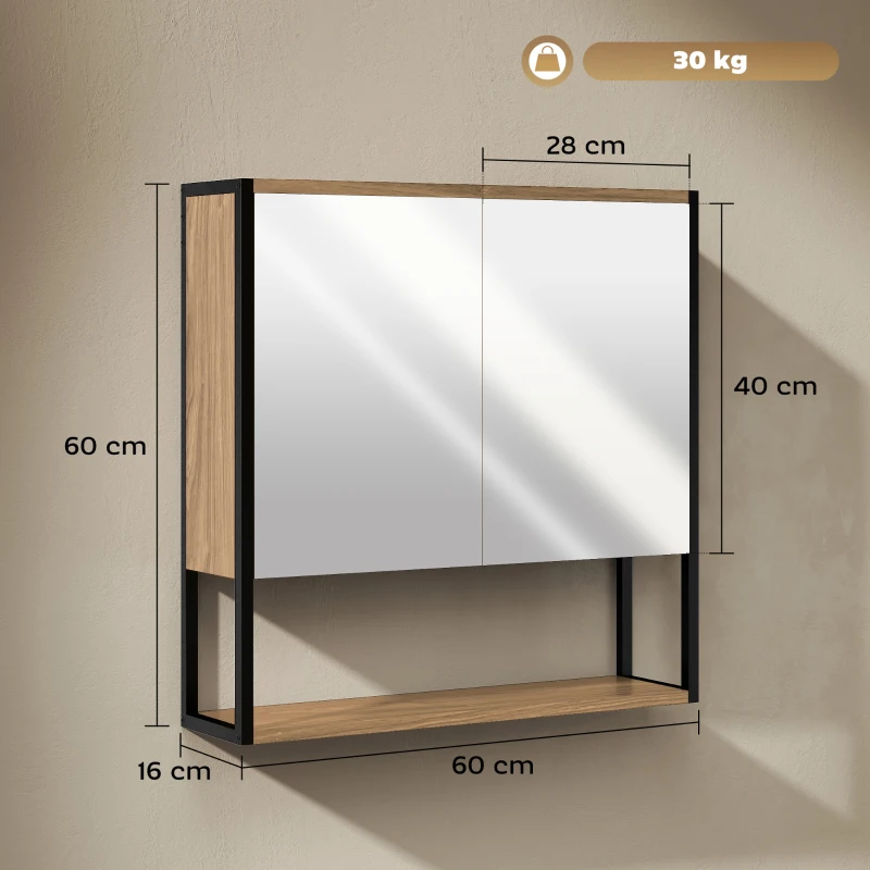 HOMCOM Bathroom Mirror Cabinet with Soft-Close Doors and Adjustable Shelf - Natural Wood Finish