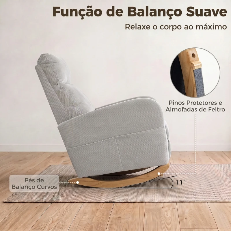 HOMCOM Cadeira de Baloiço em Bombazina com Encosto Alto, Pés de Madeira, Bolsos, Apoios de Braços e Estilo Moderno, Cinzento-Claro