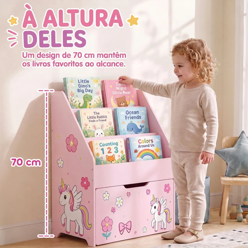 AIYAPLAY Estante Infantil para Livros com Gaveta Móvel e 3 Prateleiras, Design Unicórnio, Montessori, 3-8 Anos, Rosa