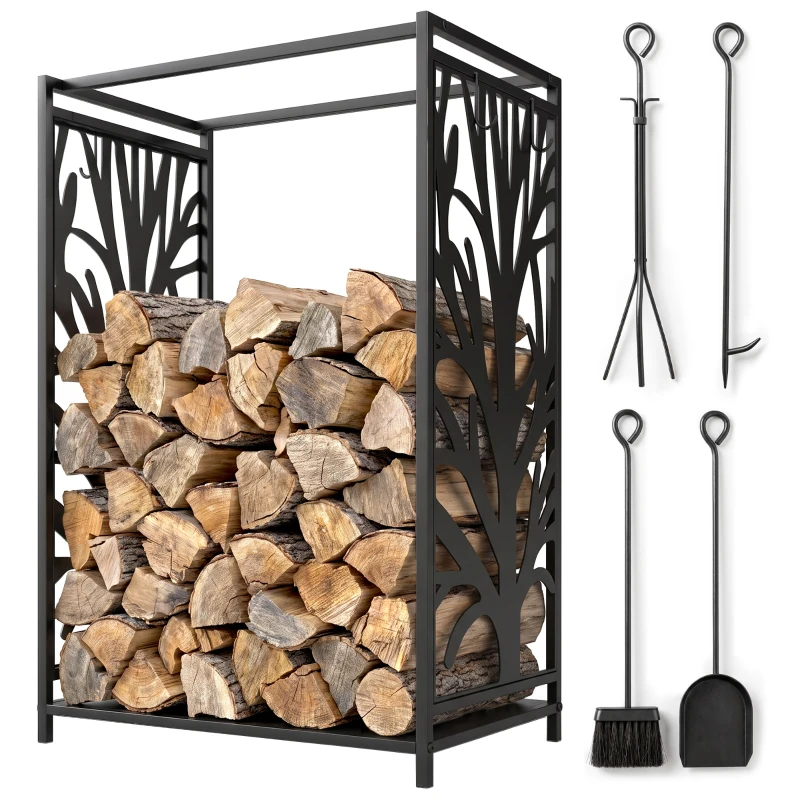 HOMCOM Suporte para Lenhas Suporte de Armazenamento para Lenhas 46x30x70 cm com 4 Ferramentas para Interior e Exterior Preto
