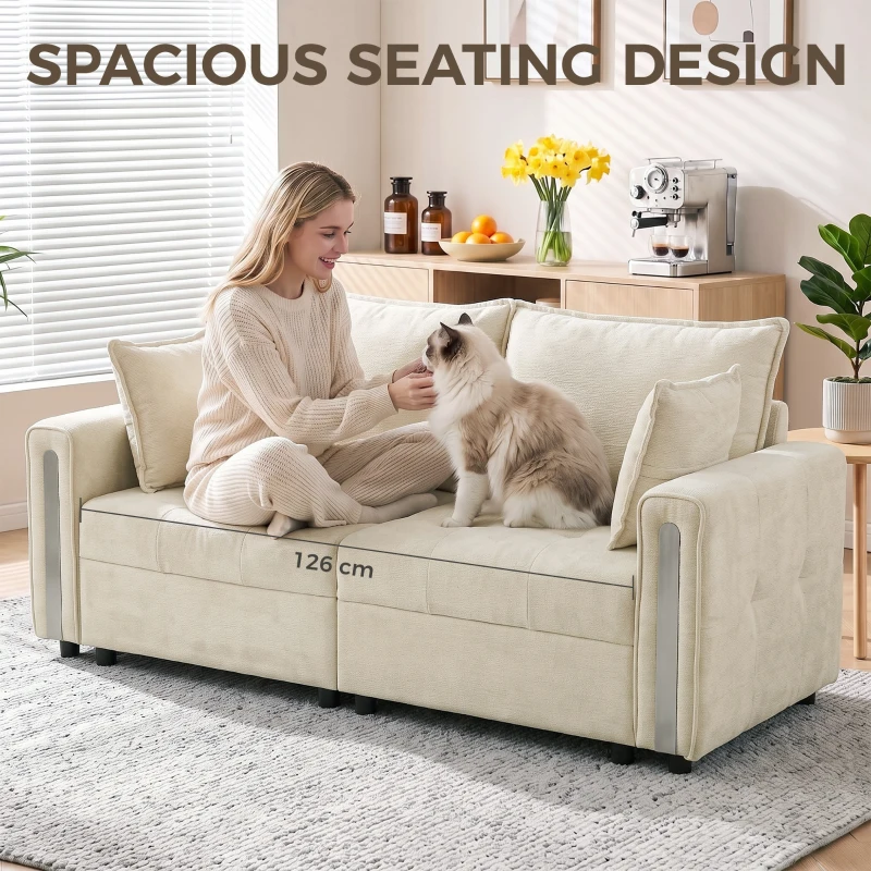 HOMCOM 2 Seater Sofa with Lift-Up Storage, 168 cm Comfy Velvet Small Couch with Wide Deep Seat, Plush Backrest, Thick Padding, 2 Pillows, Loveseat for Living Room, Home Office, Beige