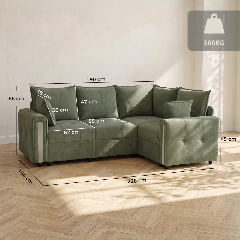 HOMCOM 228cm L Shaped Sofa with Lift-Up Storage, 3-Seater Sectional Sofa with Wide Deep Seat, Dark Green