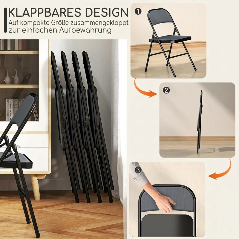 HOMCOM 4er-Set Klappstühle, Tragbare Bürostühle, Stahlbeine, Faltstuhl für Büro, Empfang, Wartezimmer, Cordoptik Grau