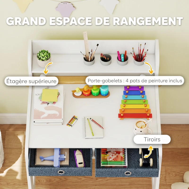 AIYAPLAY Bureau enfant avec chaise, table enfant et chaise avec 2 tiroirs en tissu et porte-gobelet, 62,8x55,6x73,8cm, blanc