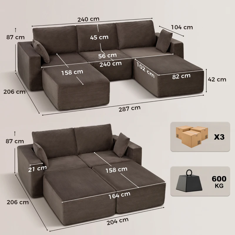 HOMCOM Sofa modułowa U 287 cm, bezramowa, szerokie i głębokie siedzisko, sztruks, pianka High Density, bez montażu, khaki