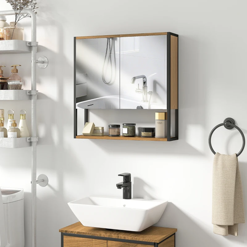 HOMCOM Bathroom Mirror Cabinet with Soft-Close Doors and Adjustable Shelf - Natural Wood Finish