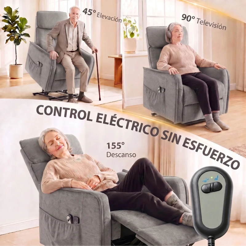 HOMCOM Sillón Relax Reclinable Eléctrico Levanta Personas con 2 Puntos Masaje Asiento con Muelles Reposapiés de Chenilla Gris