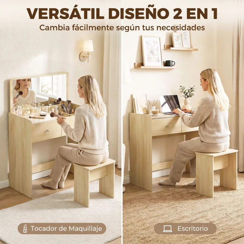 HOMCOM Tocador con Espejo Abatible y Taburete Mesa de Maquillaje con Cajón y 6 Compartimentos 81x40x117 cm Roble