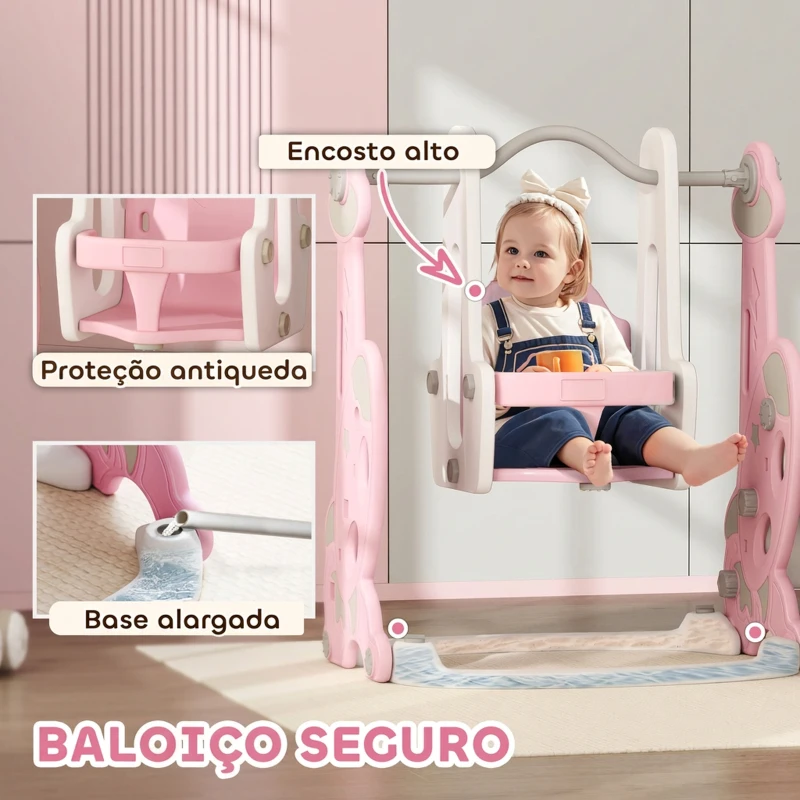 AIYAPLAY Escorrega Infantil 4 em 1 Parque Infantil com Baloiço e Escorrega Escalador Cesto de Basquetebol 147,5x160x107 cm Rosa