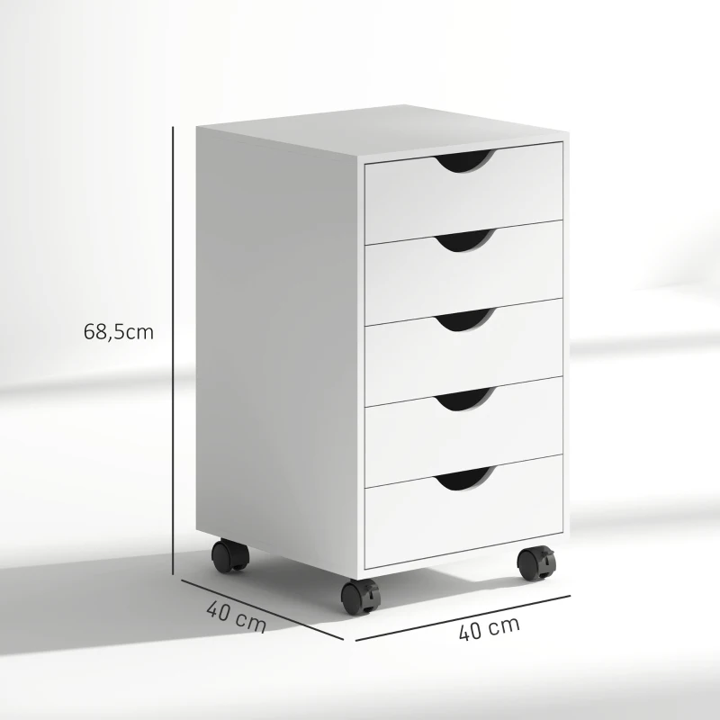 HOMCOM Cassettiera da Ufficio a 5 Cassetti con Ruote Girevoli con Freni, 40x40x68.5 cm, Bianco