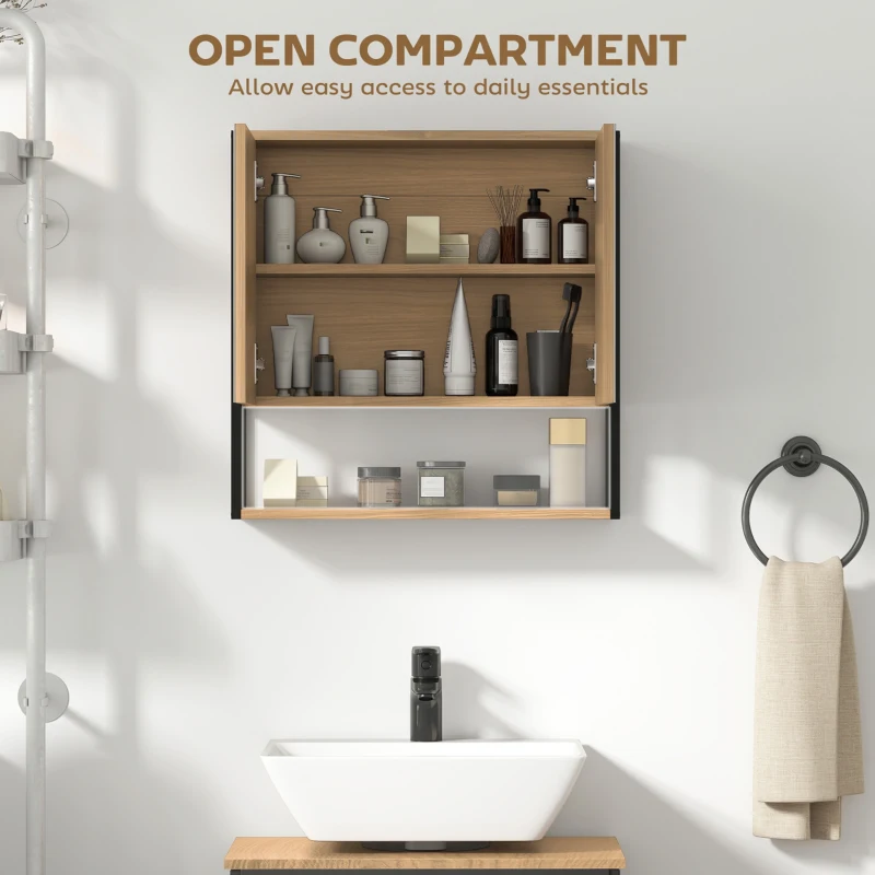 HOMCOM Bathroom Mirror Cabinet with Soft-Close Doors and Adjustable Shelf - Natural Wood Finish
