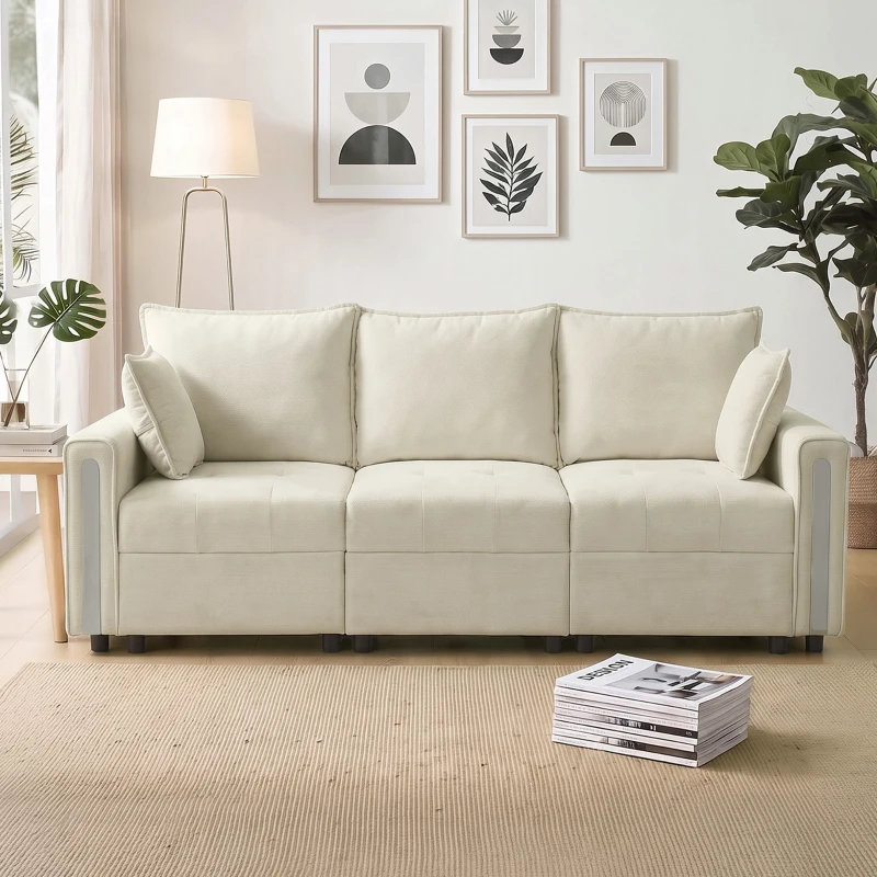 HOMCOM 3 Seater Sofa with Lift-Up Storage, 228cm Comfy Velvet Couch with Wide Deep Seat, Beige