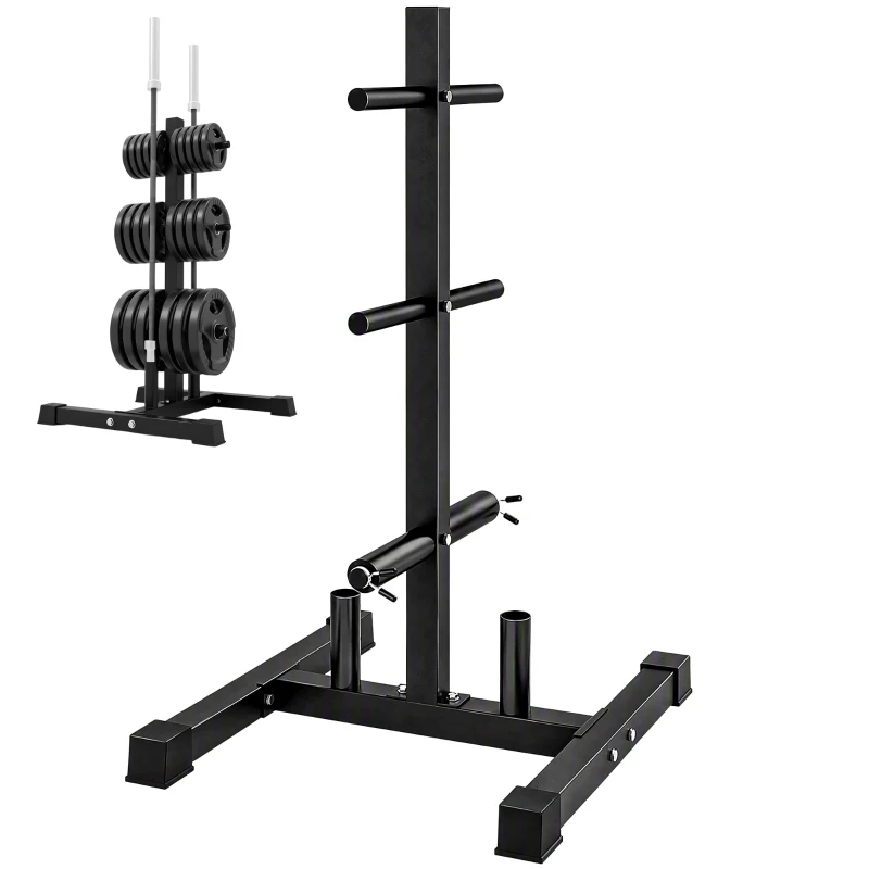 SPORTNOW Soporte para Discos de Pesas Carga 300 kg para Discos de 25 mm y 50 mm con 2 Estantes de Barra para Gimnasio Casa Negro