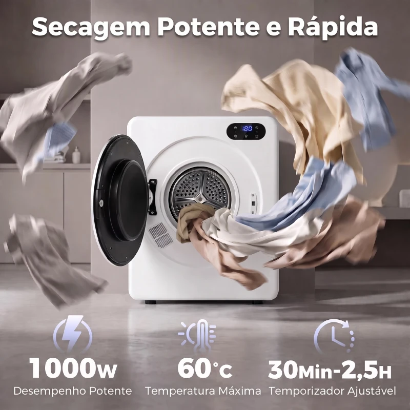 HOMCOM Máquina de Secar Roupa de Evacuação 3 kg 1000 W com Ecrã Tátil, Controlo de Tempo e Temperatura, Função Anti-rugas, Branco
