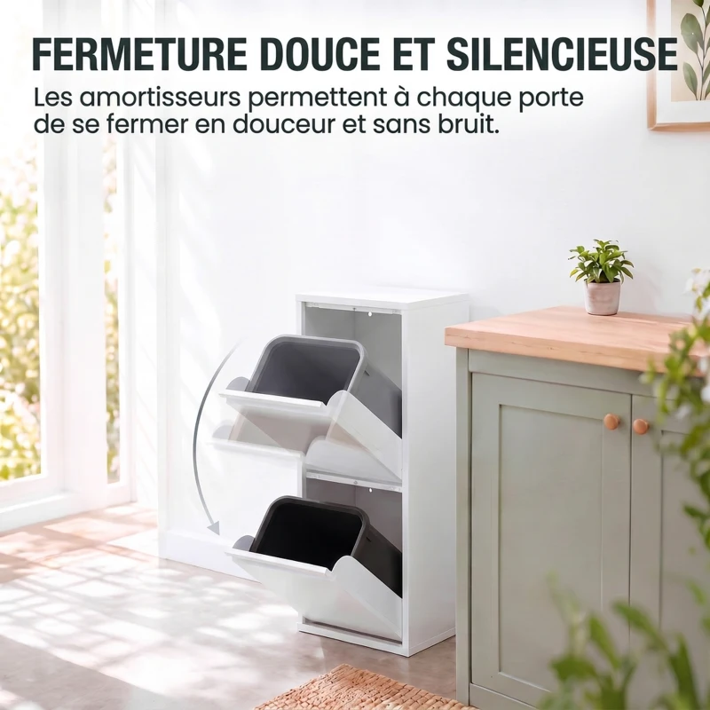 HOMCOM Meuble Poubelle de Tri Sélectif, Poubelle de Recyclage 30 L (2 x 15 L) avec 2 Compartiments, Fermeture Douce, Blanc