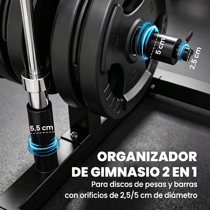 SPORTNOW Soporte para Discos de Pesas Carga 300 kg para Discos de 25 mm y 50 mm con 2 Estantes de Barra para Gimnasio Casa Negro