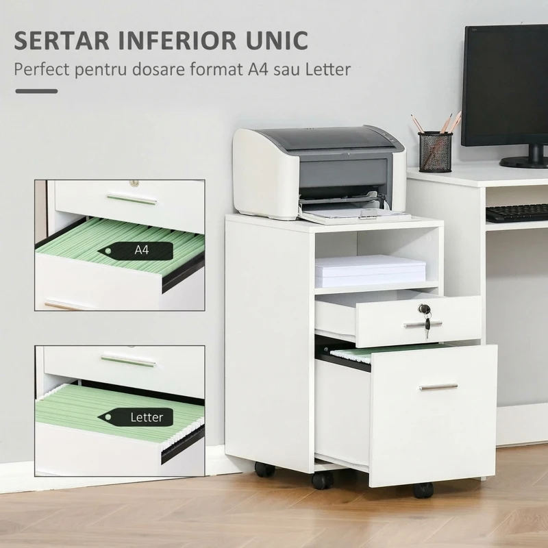 Vinsetto Dulap cu Sertare Blocabile, 2 Chei Incluse, cu 5 roti cu rotatie la 360°, cu 2 Chei, Alb