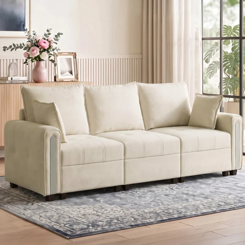 HOMCOM 3 Seater Sofa with Lift-Up Storage, 228cm Comfy Velvet Couch with Wide Deep Seat, Beige