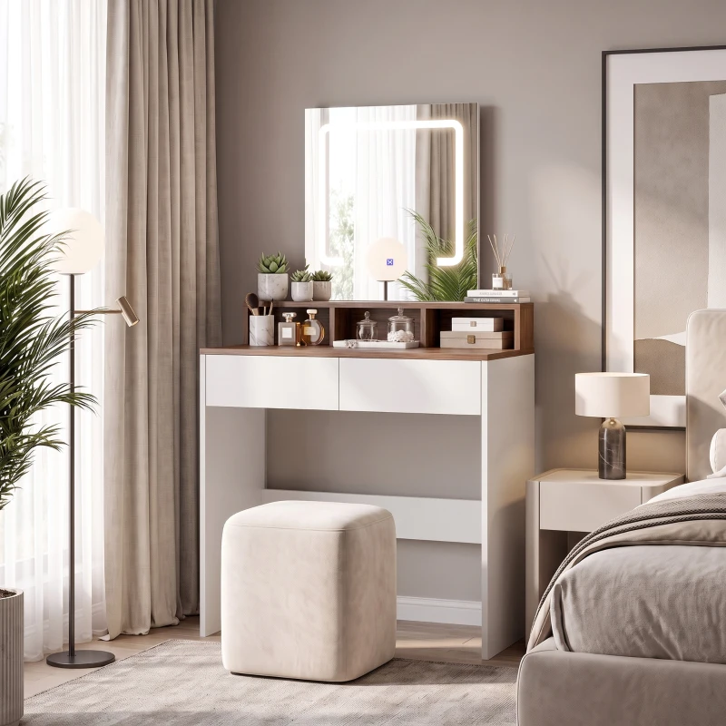 HOMCOM Vanity Table, Dressing Table with Mirror, LED Lights, 2 Drawers, 3 Compartments, Colour Changing, Walnut Brown and White