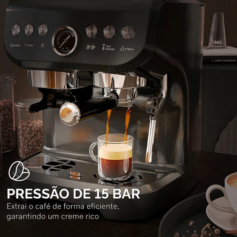 HOMCOM Máquina de Café Expresso 15 Bares 1600 W com Moinho de 15 Níveis e Vaporizador de Leite para Cappuccino e Latte Preta