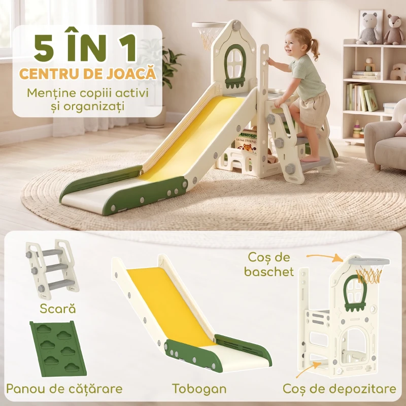 AIYAPLAY Tobogan pentru Copii 1-3 Ani cu Platformă de Cățărare, Coș de Baschet, Spațiu de Depozitare, Crem