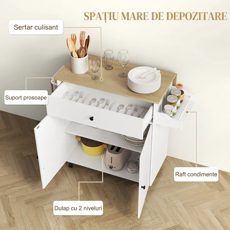 HOMCOM Insulă de Bucătărie cu Sertar, Dulap, Suport pentru Condimente și Prosoape, 106x42x87 cm, Alb și Stejar