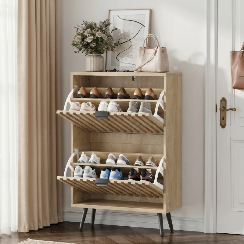 Schuhschrank mit Kippfächern, platzsparend, gerillte Front, freistehend, 60x24x95 cm, Eiche